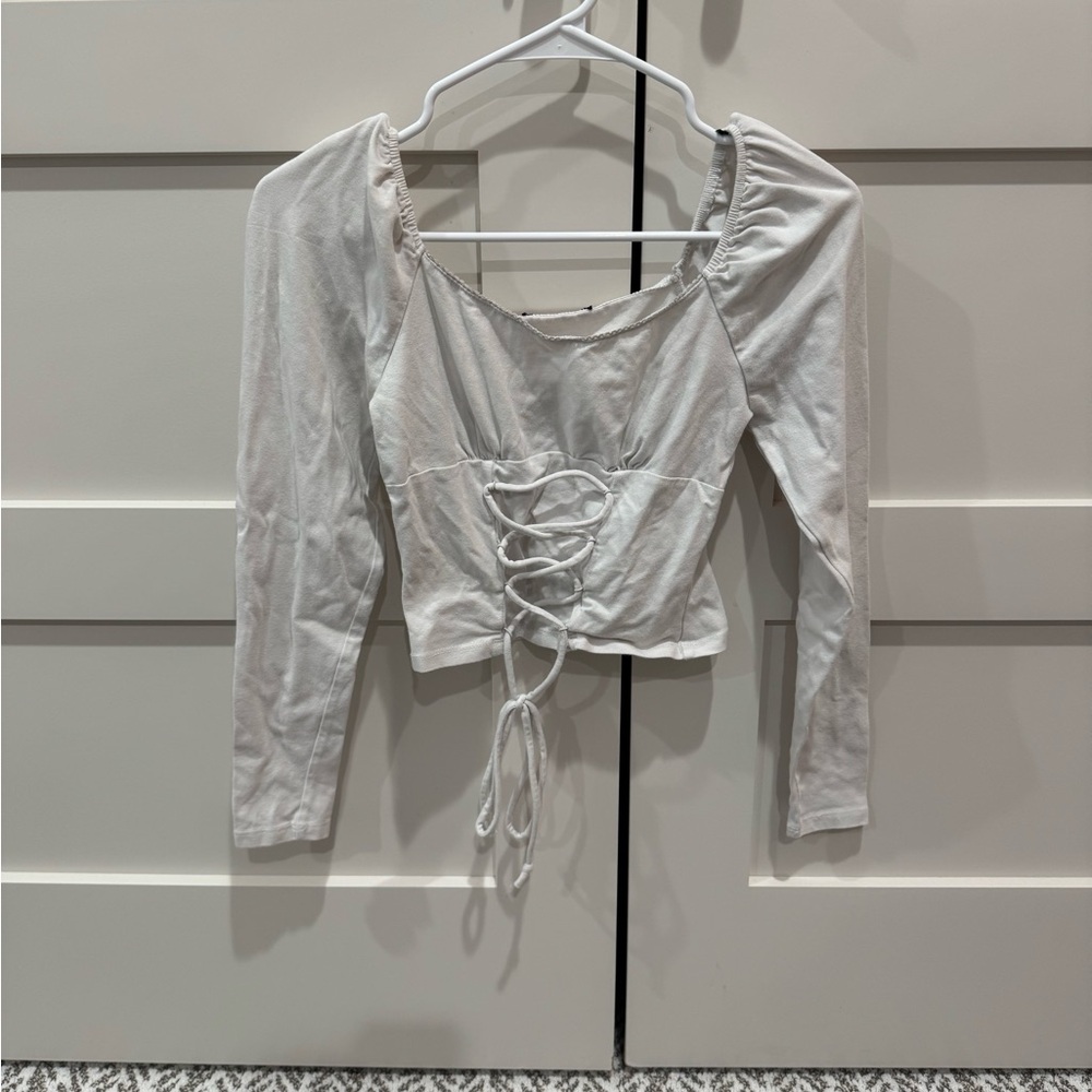 Forever 21 Cream Lace-Up Long Sleeve Top